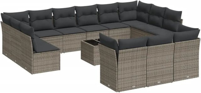 vidaXL 14-tlg Garten-Sofagarnitur aus Polyrattan in Grau mit Kissen und L-Form - Bild 1