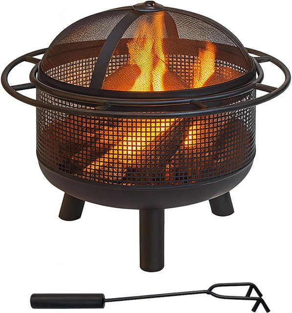Relaxdays Feuerschale aus Eisen in Schwarz mit Funkenschutz, Feuerrost und Schürhaken, B/T/H: 52 x 60 x 60 cm - Bild 1