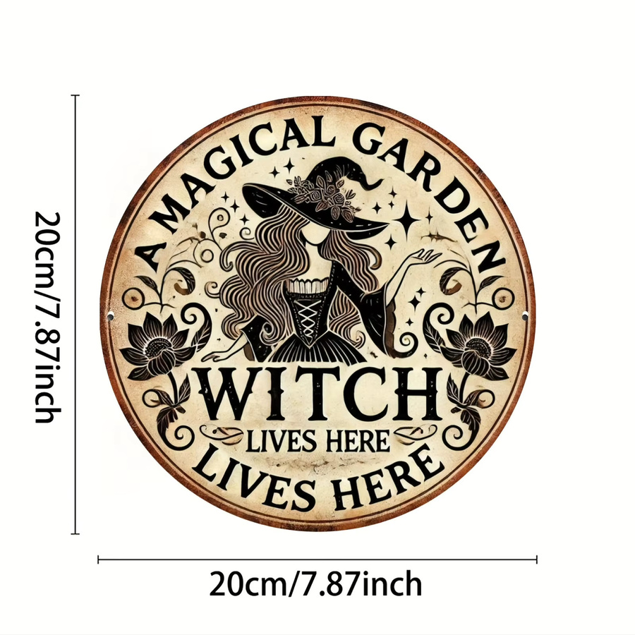 Potdemiel Rundes Metallschild Magical Garden Witch Lives Here in Vintage-Optik mit Blumenmuster, Durchmesser: 20,32 cm - Bild 2