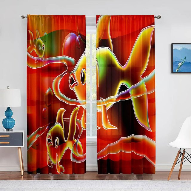 Transparenter Chiffon-Tüllvorhang mit Koi-Fisch-Tintenmalerei von Super Six, Breite: 100 cm, Höhe: 250 cm - Bild 1