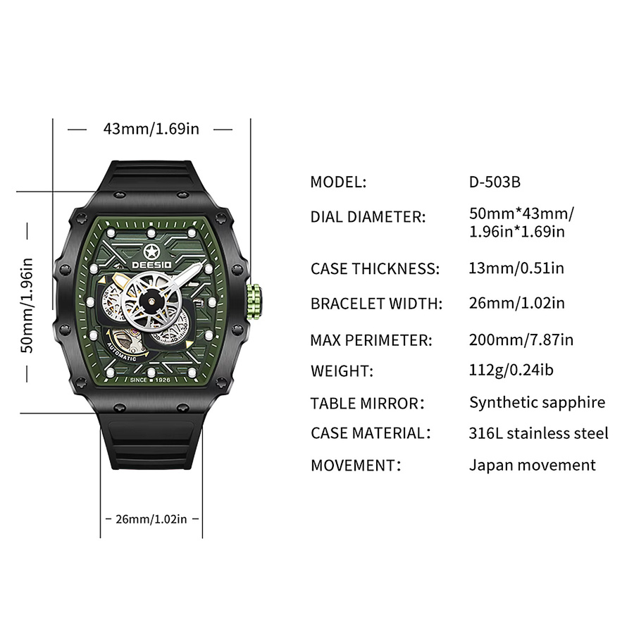 Deesio Armbanduhr Automatik, GMT, Schwarz, Silikon, Herren - Bild 5