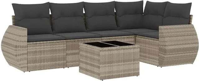 vidaXL 6-teilige Garten-Sofagarnitur in L-Form aus hellgrauem Poly-Rattan mit Polsterkissen und Metallrahmen - Bild 1