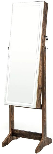 Costway Schmuckschrank in Rustikalem Braun mit Spiegel, LED-Beleuchtung und Schloss - Bild 1
