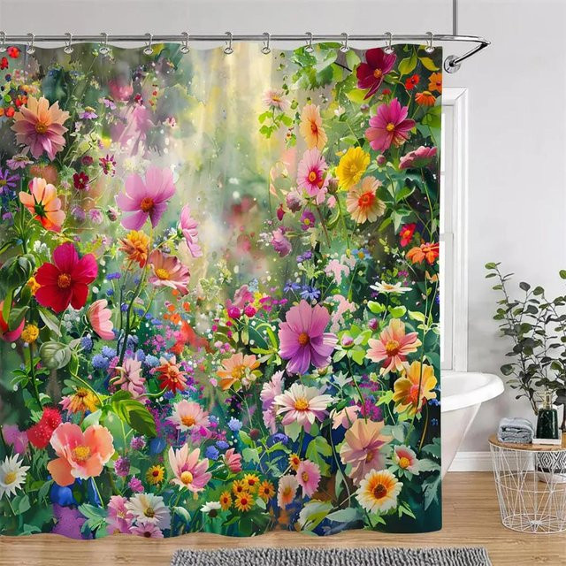 Baifenbai Home Furnishing Duschvorhang mit Aquarell Blumenmuster in Multicolour, Polyester, B: 150 cm, H: 180 cm - Bild 1