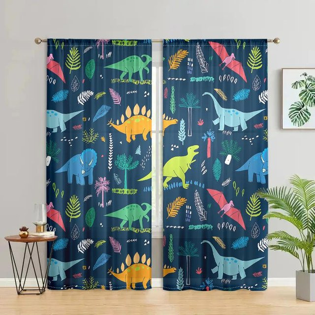 2er-Set Jurassic Park Dinosaurier Vorhänge mit Grafikmuster, halbtransparent, Mehrfarbig, B: 150 cm, H: 166 cm - Bild 1