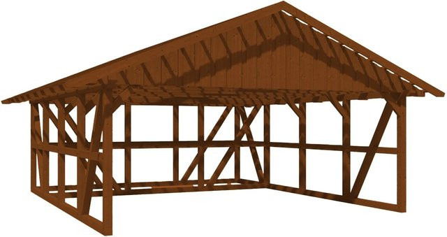 Skan Holz Carport Schwarzwald aus Fichtenholz mit Satteldach, Dachlattung und Abstellraum, Farbe Nussbaum, Breite: 684 cm, Tiefe: 772 cm - Bild 1