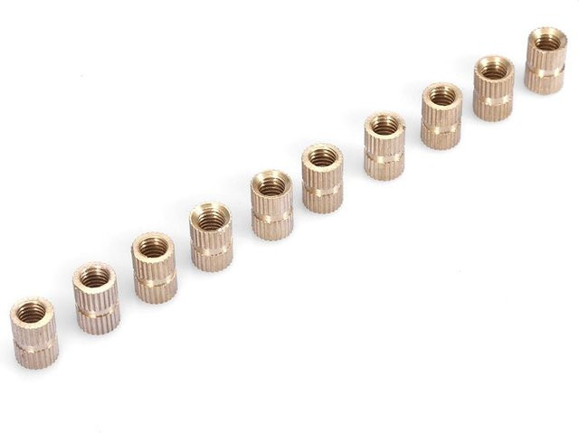 10 Stück M6 Messing Einlegemuttern rund gerändelt in Gold, B/T/H: 6,0 x 8,3 x 12,0 mm - Bild 1