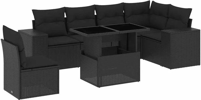 vidaXL 7-teilige Garten-Sofagarnitur in L-Form aus schwarzem Poly-Rattan mit Kissen und pulverbeschichtetem Stahlgestell - Bild 1
