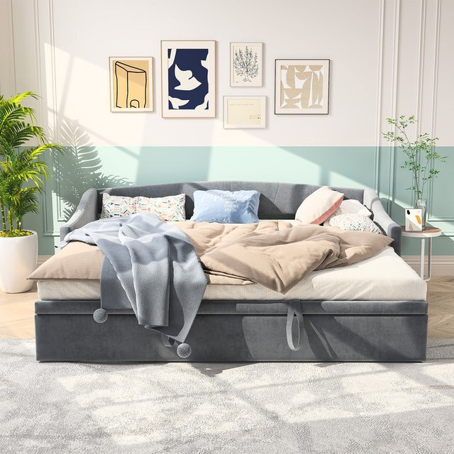Rosahange Daybed 2-in-1 Klappsofa mit Ausziehbett aus grauem Samt, Breite: 90 cm, Tiefe: 200 cm - Bild 1