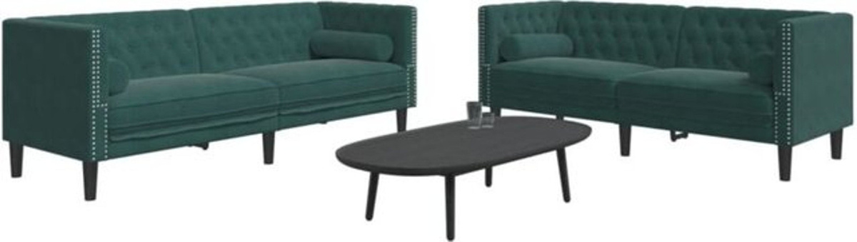 Vidaxl 2-tlg. Chesterfield Sofa-Set aus Samt mit Nackenrollen in Dunkelgrün und Massivholzgestell - Bild 1