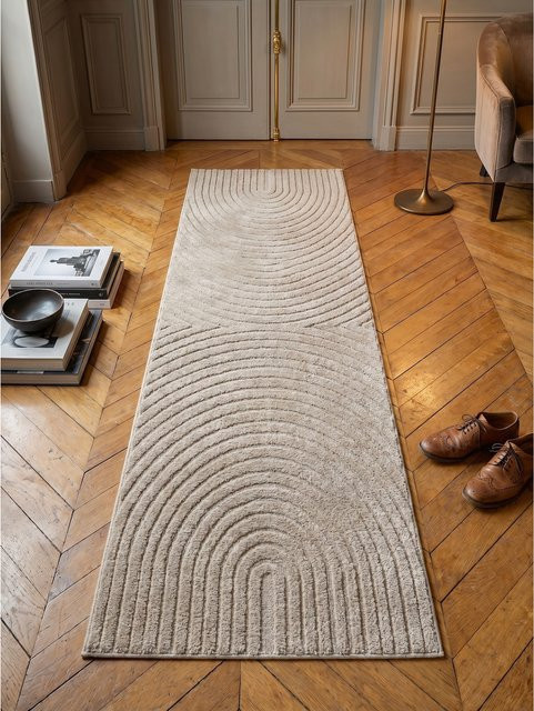 Kadima Design Hochflorteppich Organische Bögen mit 3D-Effekt in Beige, B/T: 80 x 250 cm, Waschbar - Bild 1