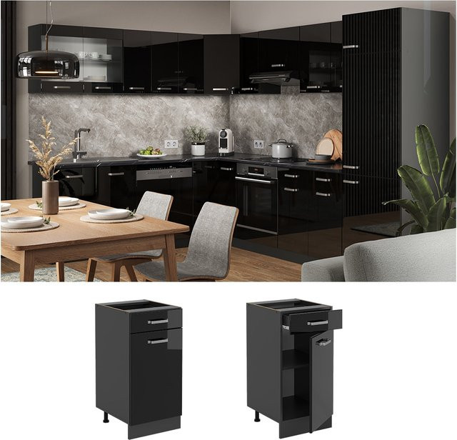 Vicco Küchenunterschrank R-Line Schubunterschrank in Anthrazit und Schwarz mit Hochglanz-Finish, Breite: 40 cm - Bild 1