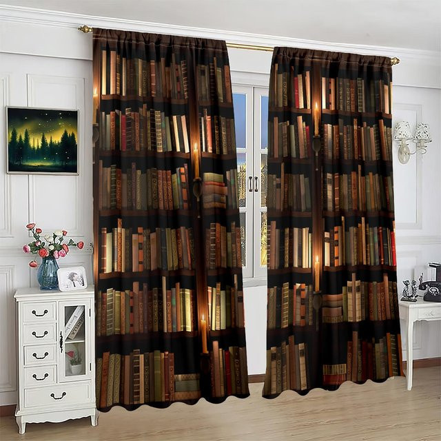 2er-Set Sichtschutzvorhang mit Bücher-Print aus Polyester, modern und halbtransparent, Mehrfarbig, Breite: 76,2 cm, Höhe: 165,1 cm - Bild 1