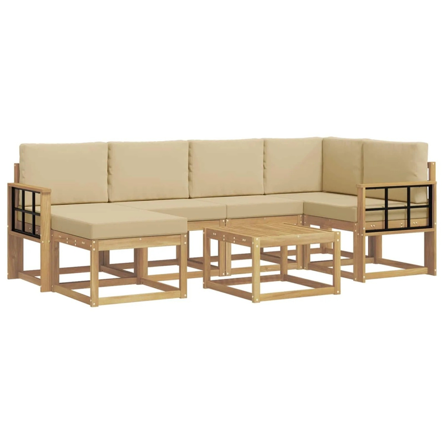 vidaXL Outdoor-Sofagarnitur aus Akazien-Massivholz, 7-teiliges L-Shape Set mit Couchtisch und Ottomane in Weiß und Beige - Bild 2