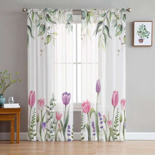 Yiran Furniture Transparente Chiffon-Vorhänge mit Blumenmuster in Weiß, 2er-Set, Breite: 135 cm, Höhe: 115 cm - Bild 1