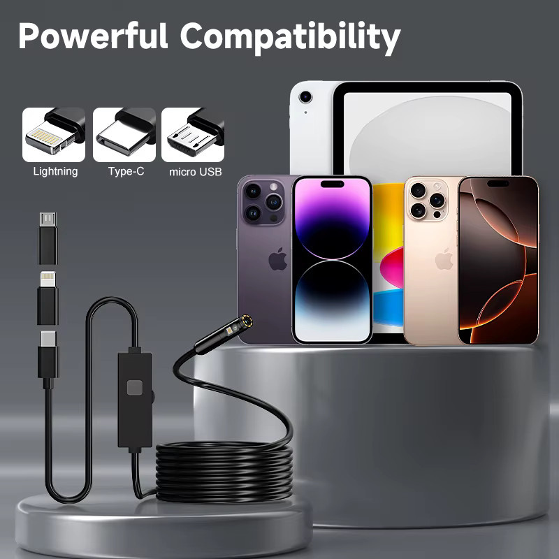 ZEMICAM 3-in-1 Endoskop mit Dual-1080P-Kamera für iPhone, Android und Type-C, IP67 wasserdichte Inspektionskamera in Schwarz - Bild 2
