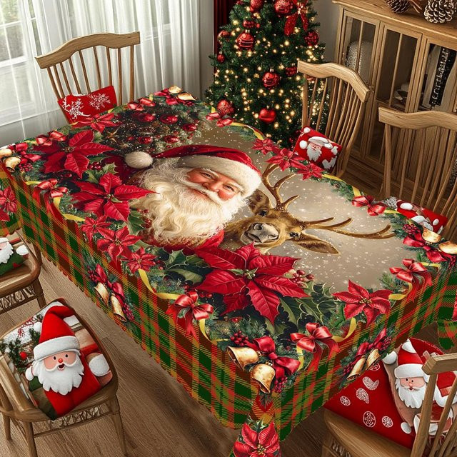 JINGYUE Pet Weihnachts-Tischdecke im Vintage-Bauernhaus-Stil mit Weihnachtsmann, Rentier und Weihnachtsbaum, wasserabweisend, bunt, B: 152 cm, L: 305 cm - Bild 1