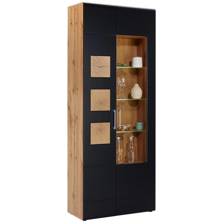Mömax Vitrine im Industrial-Design mit Glastüren und Soft-Close-Funktion, Schwarz/Eichefarben, H: 208 cm, B: 80 cm, T: 37 cm - Bild 2