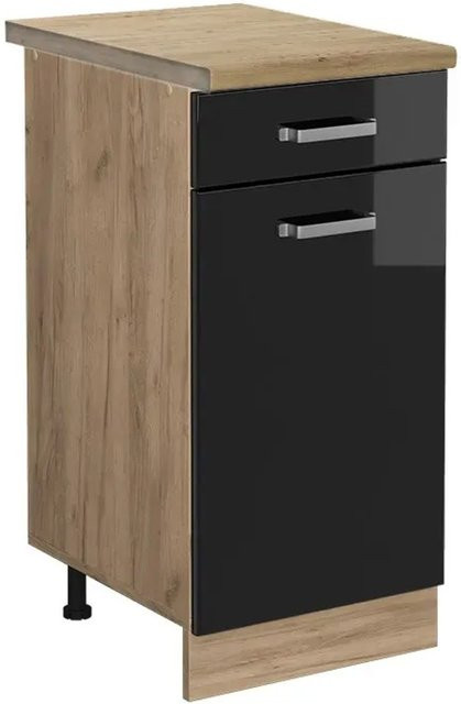 Vicco Küchenunterschrank R-Line in Schwarz Hochglanz und Goldkraft Eiche mit Türen und Schubladen, B: 40 cm, H: 81,6 cm, T: 60 cm - Bild 1