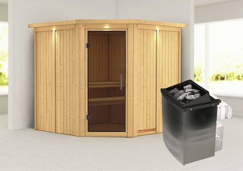 Karibu Sauna Vöru aus Fichtenholz mit 9 kW Saunaofen und integrierter Steuerung für 4 Personen, Farbe: beige - Bild 1