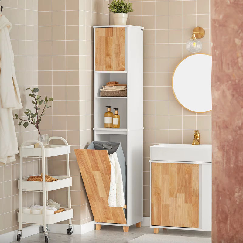 SoBuy Badezimmerschrank Weiß mit ausklappbaren Wäschesäcken und Regalfächern BZR74-W, H: 170 cm, B: 32 cm, T: 31 cm - Bild 3