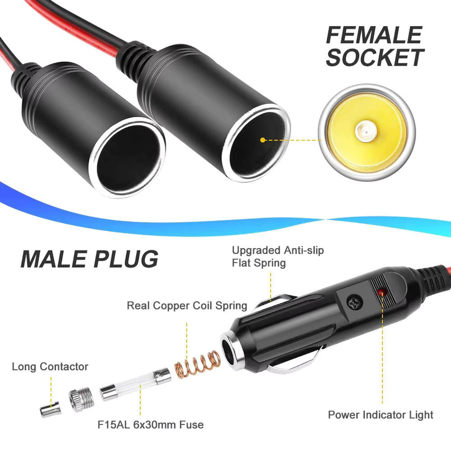 Bloopow Zigarettenanzünder-Verlängerungskabel 1 auf 2 DC 12 V Splitter-Adapter, Schwarz, Länge: 1,8 m - Bild 2