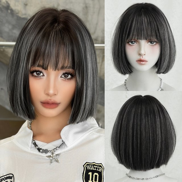7JHH WIGS Perücke, Bob-Stil, schwarz, weiße Highlights, Damen - Bild 1