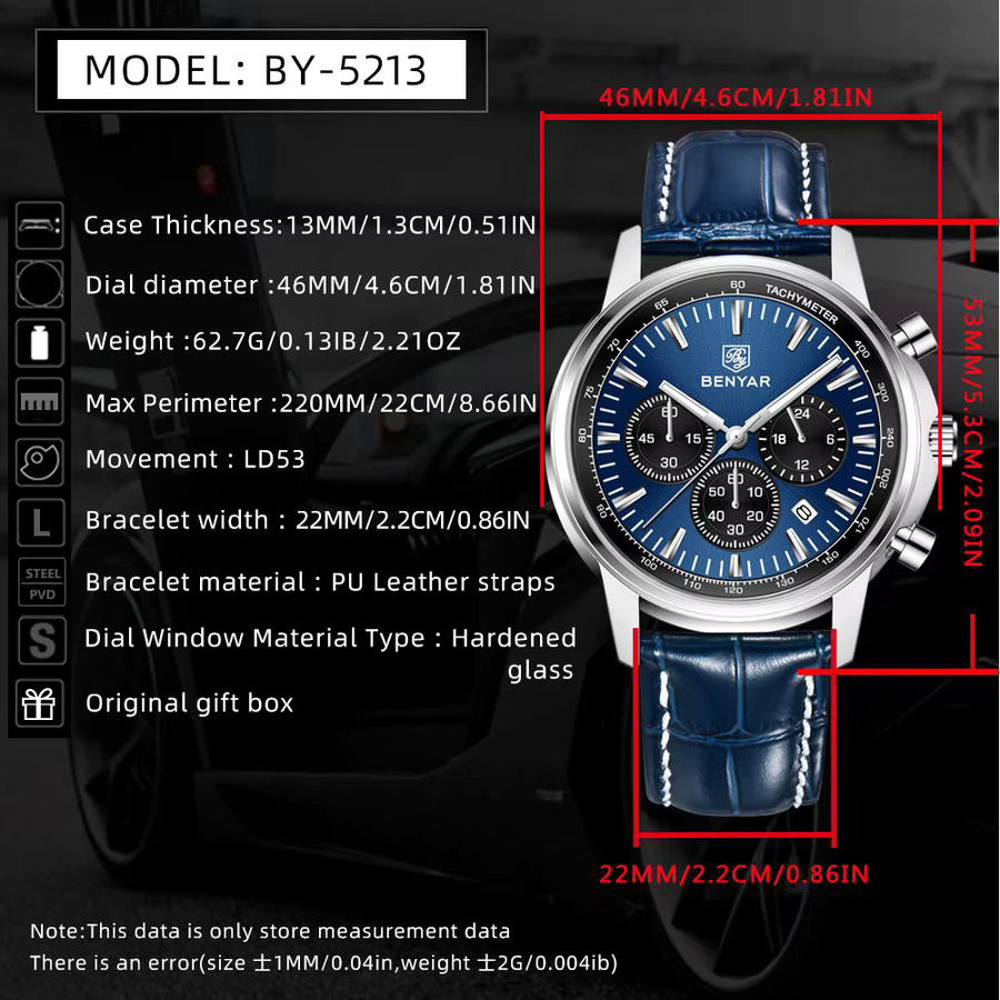 BENYAR Chronograph Armbanduhr, Leder, Quarz, Blau, Herren - Bild 6