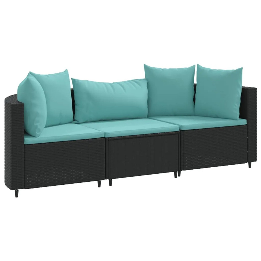 vidaXL 3-tlg Garten-Sofagarnitur in L-Form aus Poly Rattan und Metall mit Kissen, Schwarz und Blau - Bild 2
