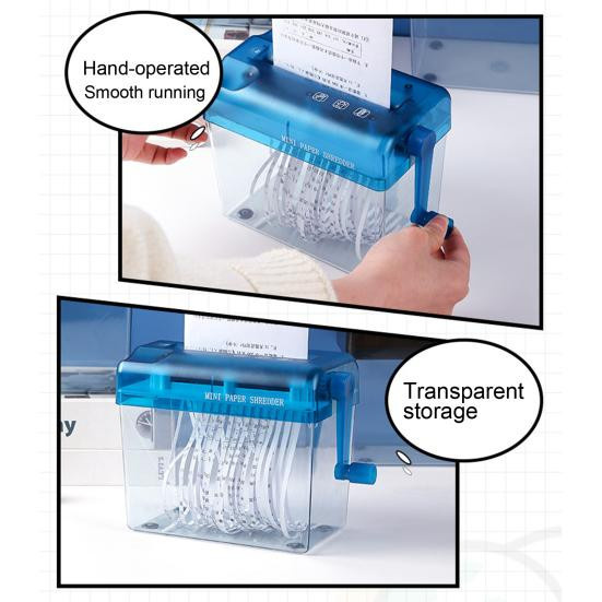 Manueller Mini-Aktenvernichter LOMEII Electronic für A4, tragbarer Papierschredder in Blau mit transparentem Design - Bild 3