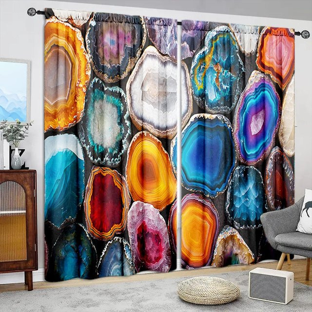 2er-Set Achat-Vorhang mit Grafikprint in Blau, halbtransparent, B: 52,5 cm, H: 116 cm - Bild 1
