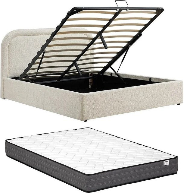 Vente-unique Bett Fidozia in Beige mit Bettkasten und Bouclé-Stoff im skandinavischen Design, B/T/H: 155 x 190 x 107 cm - Bild 1