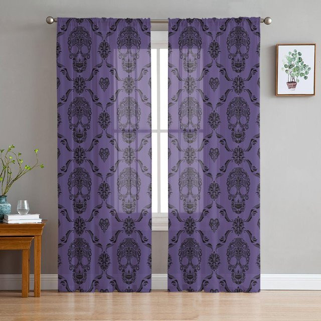 Totenkopf Transparente Vorhänge aus Tüll und Organza in Lila, 2er-Set, B: 135 cm, H: 137 cm - Bild 1