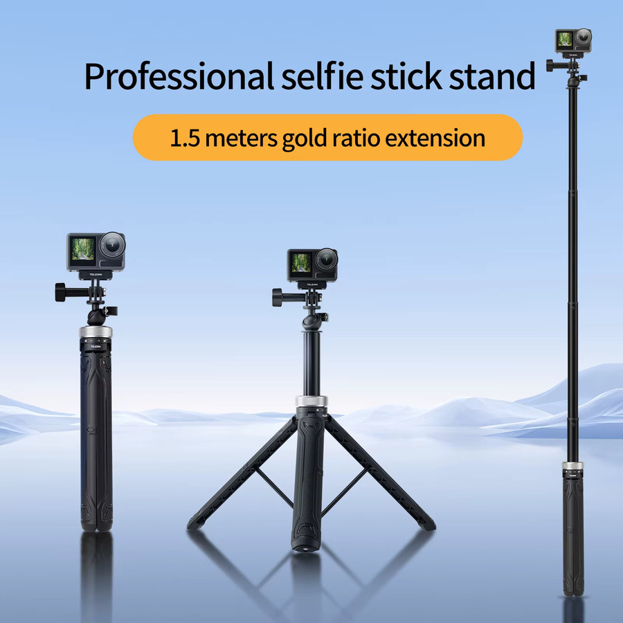 TELESIN 360 Grad rotierbarer Selfie Stick und faltbares Stativ in Schwarz, 1,5 m lang, kompatibel mit GoPro Hero 13 12 11 10 9 8 7 6 5, Insta360 und DJI Osmo Action - Bild 2