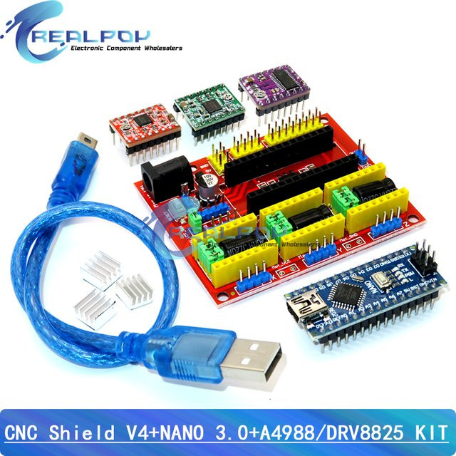REALPOY CNC Shield V4 Set für Arduino mit Nano 3.0, USB-Kabel und 3 Stück A4988 / DRV8825 Reprap Schritttreiber in Rot - Bild 1