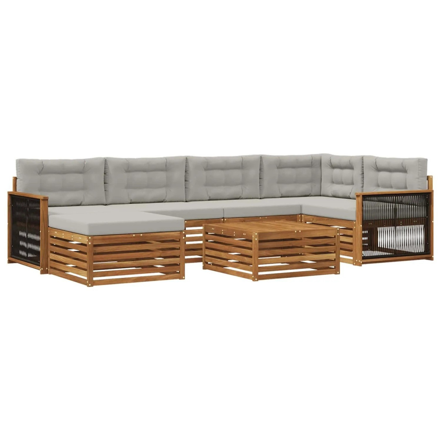 vidaXL Outdoor-Sofagarnitur L-Form aus Akazienholz mit 7 Kissen in Natur und Hellgrau - Bild 2