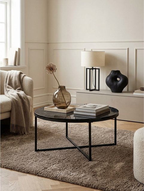 Runder Couchtisch von KADIMA DESIGN in Schwarz mit Marmor-Optik und Metall-Gestell, Durchmesser: 80 cm, Höhe: 36 cm - Bild 1