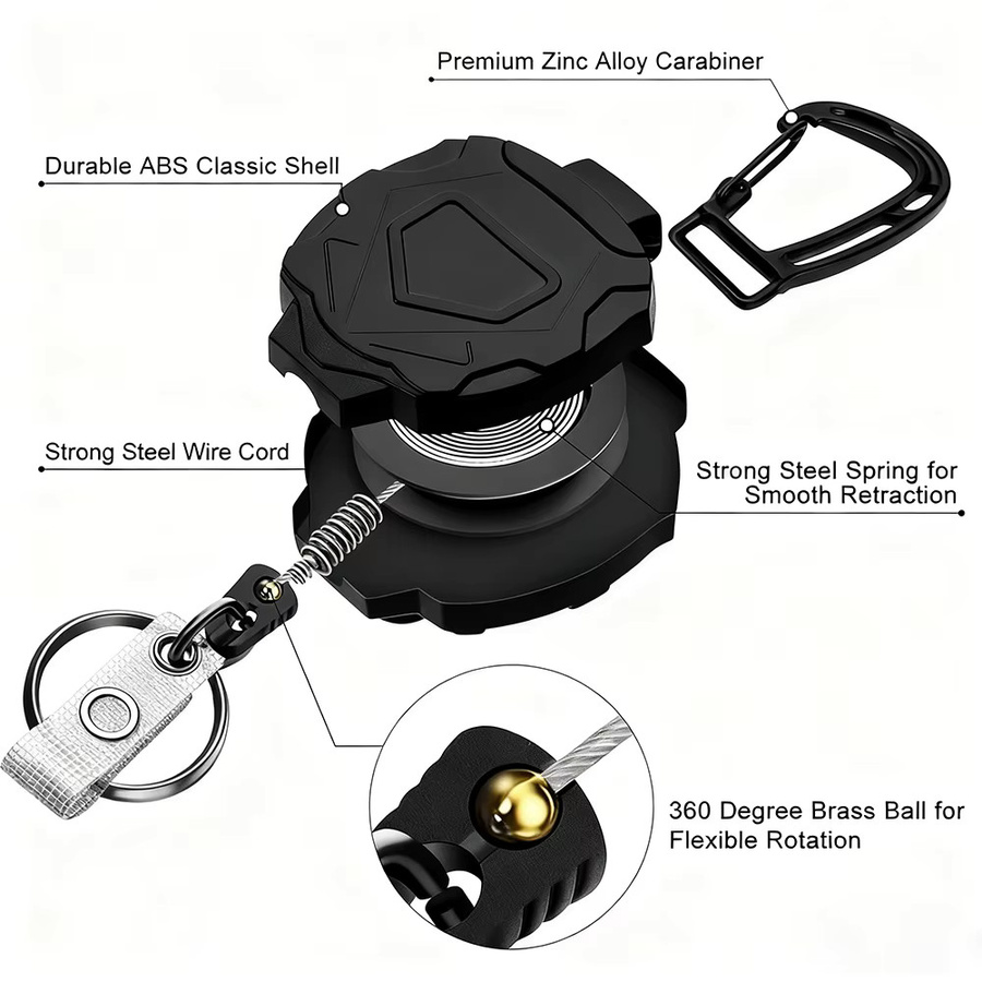 Einziehbare Abzeichenrolle mit Karabiner und Clip für ID-Karten und Kreditkarten, Schwarz - Bild 4