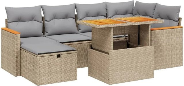 vidaXL 7-tlg Garten-Sofagarnitur aus Polyrattan in L-Form mit Kissen und Couchtisch, Beige - Bild 1