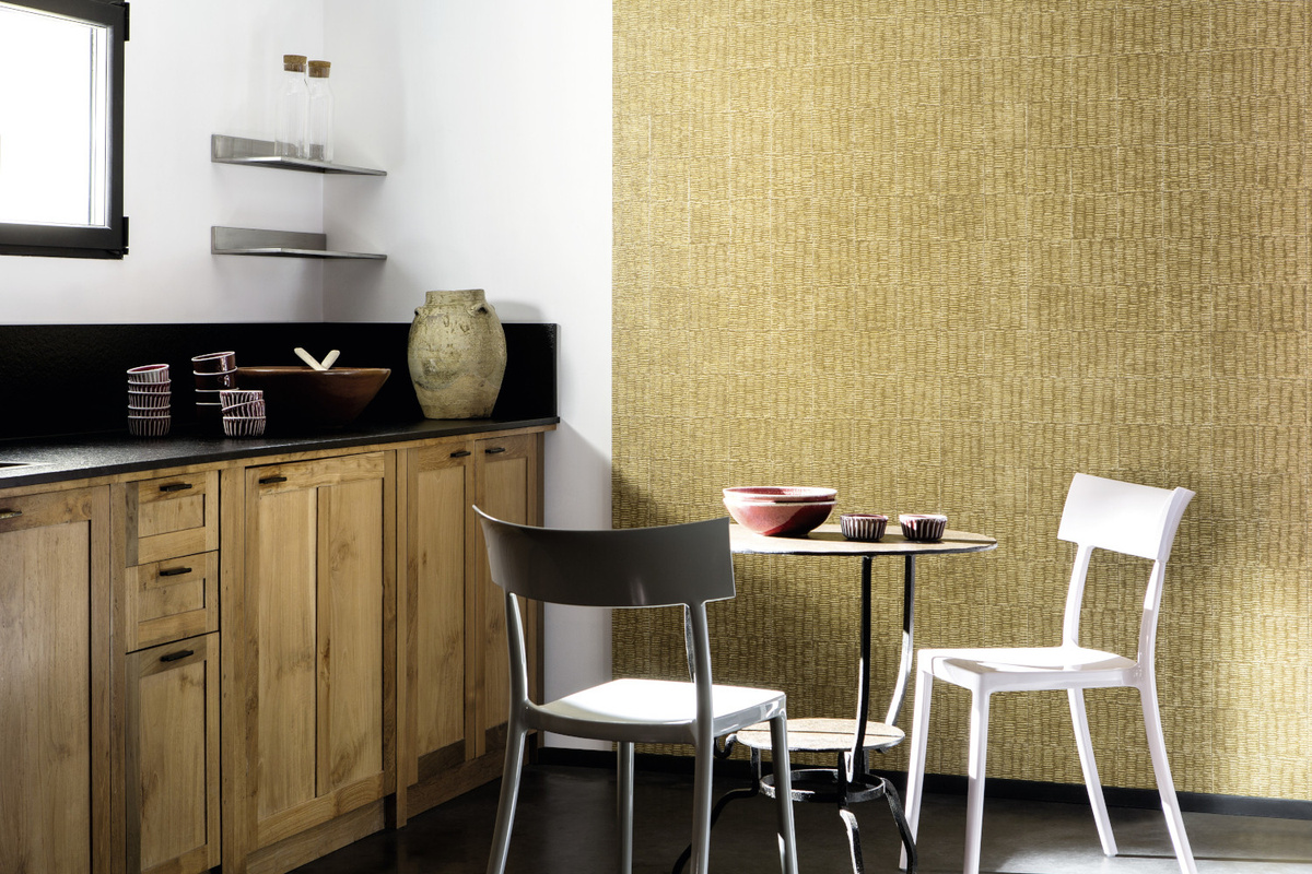 Elitis Flecht Tapete Mimbre Precioso in Ocker und Gold mit geometrischem Muster - Bild 1