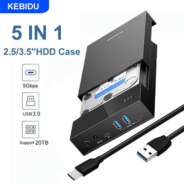 Kebidu USB 3.0 HDD-Gehäuse für 2,5 und 3,5 Zoll SATA Festplatten, Externer Festplattenleser-Adapter mit USB-Hub, Schwarz - Bild 1