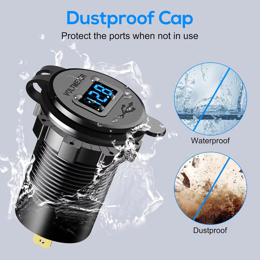 96W Dual USB Auto Ladegerät mit PD und QC3.0, USB-C, Voltmeter und Steckdose, wasserdicht für 12V/24V Auto, Boot, Lkw und Motorrad, Schwarz - Bild 5