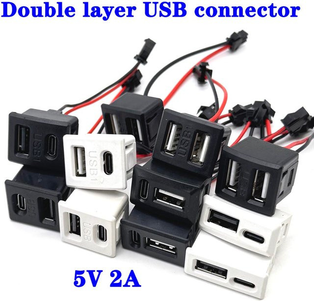 LAJQTAO Doppel-Ladebuchse mit USB-A und USB-C Anschluss, schwarz-weißer Stecker mit Kabel - Bild 1