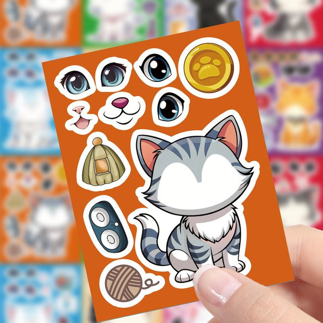 GOGOTU Katzen-Gesichter-Puzzle-Aufkleber, DIY-Spielzeug, 8/16 Blatt - Bild 1