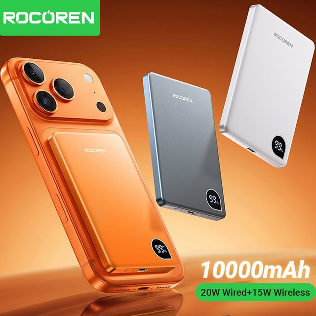 Rocoren Magnetische Powerbank 10000mAh mit 5000mAh PD 20W Schnellladung und Digitalanzeige, Kabelloses Ladegerät in Grau für iPhone 17 16 Pro Max - Bild 1