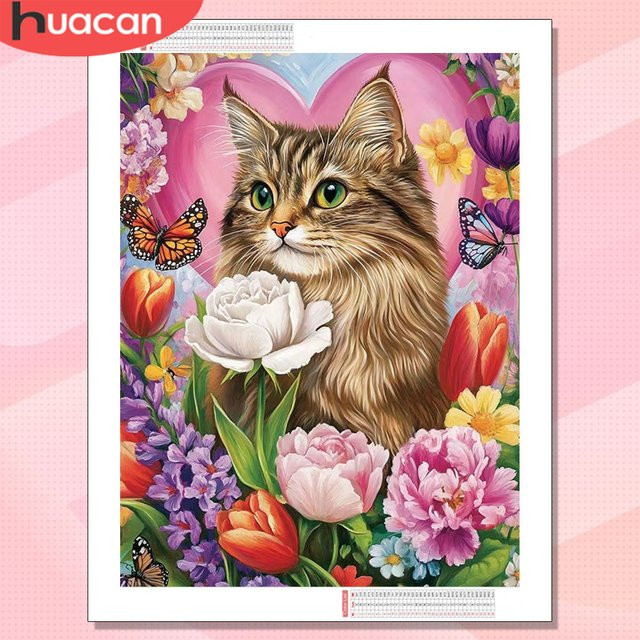 HUACAN Diamant-Stickerei Set mit Katzen- und Blumenmotiv in Multicolour, rundes 5D Strass-Bild mit Rosen und Pfingstrosen, B/H: 30 x 20 cm - Bild 1