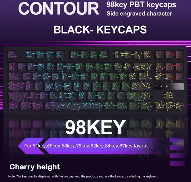 98-Tasten PBT Tastenkappen mit topografischem Design und seitlicher Gravur in Cherry-Profil für hintergrundbeleuchtete Layouts, Farben: Weiß und Schwarz - Bild 1
