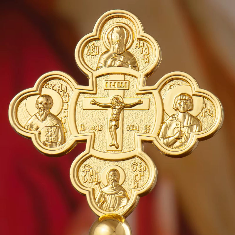 Vergoldetes orthodoxes Kreuz mit religiösen Gravuren und Kristalldekorationen in Gold, Höhe: 23,11 cm - Bild 3