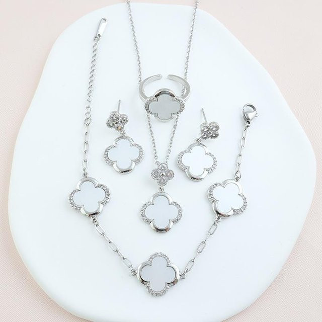 Hui Can Schmuck-Set, Halskette, Ohrringe, Ringe, Edelstahl, Weiß, Zirkonia, Damen - Bild 1