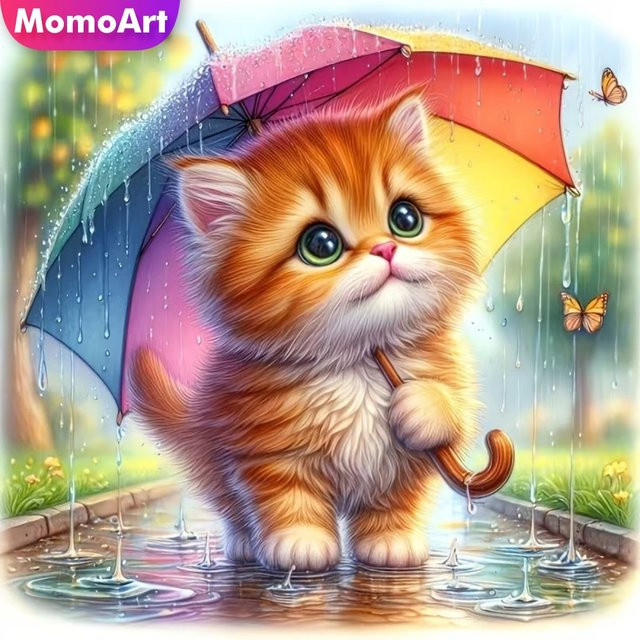 Momoart Katzen-Diamantmosaik DIY Bastelset mit Regenschirm-Motiv in Multicolour für Vollquadrat- und Runddiamant-Malerei - Bild 1